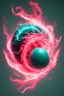 Placeholder: A 3d render of a vicious pink-ish red fire and blue-ish green lightning spiraling around a white 8-ball, digital art, in the style of Hokusai