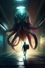 Placeholder: A otherworldly tentacled monster, stepping out of rift, people running in fear, cinematic lighting, ray tracing,retro sci fi art