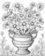 Placeholder: coloring page for kids, depicting beautiful flowers in a designed pot, full body, black and white, outline, line art, well defined lines, grayscale, white background