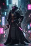 Placeholder: samurai robot in black cloak in a cyberpunk environment