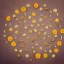 Placeholder: circle arrangement of small pressed dried flowers, aesthetic layout, beautiful composition, vintage, brightly lit, tender