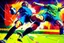 Placeholder: Oil painting, football match, the striker is kicking a goal, the ball is flying, bright but not neon colours, dynamic lines, dynamic blobs, spots, lines in the background of the character, like a colour explosion, A visually striking piece filled with dynamic brushstrokes, reminiscent of the impasto technique used in Vincent Van Gogh's Post-Impressionist paintings. The composition features bold colors and unblended strokes, creating a sense of depth and movement that defies traditional art style