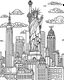 Placeholder: Craft a captivating black and white coloring page that showcases the iconic New York City skyline at sunset, featuring towering skyscrapers and the Statue of Liberty against a white background, suitable for both kids and adults to enjoy.