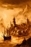 Placeholder: in the art style of Luis Royo: a sepia monochrome medieval fantasy harbor city on a hill side. parchment colored background, dim colors, washed out look, fantasy compass in upper left corner