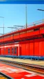 Placeholder: An orangish red industrial train station painted by Piet Mondrian