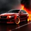 Placeholder: wide view of detailed phong shaded rendering of a car made of molten lava, headlights