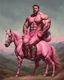 Placeholder: a big muscle man sitting on a pink horse in hills like a 19th painting