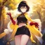 Placeholder: Clear focus,High resolution, Black short fluffy hair, and yellow eyes, wearing a black short skirt, sleeveless crop top, wearing long dark red gloves, yellow cloak, Holding hand out