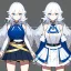 Placeholder: Clear focus, High resolution, rough line sketch art, short fluffy white hair, hair between eyes, fluffy hair, blue eyes, wearing a sleeveless shirt, wearing a a pleated skirt , detailed outfit, lots of details, bow on belt, white belt, white and blue everywhere on outfit, cut sleeve, yellow chains around outfit, concept art