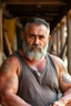 Placeholder: full figure shot, strong muscular chubby turkish carpenter in tank top, very hairy, 48 years old , sweat and wet, bull neck, tattoo, short beard, working in the middle of the street under the sun
