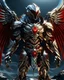 Placeholder: silver metal armor with red and gold highlights with angel wings, flying over a glacier, glowing red eyes