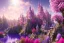 Placeholder: luminous pink castle, on the mountain, sun,swanns,waterfall, BLUE LAKE, SWANNs,violet bugainvillier flowers, jacaranda violet trees, sky pink blue, full of details, smooth, bright sunshine，soft light atmosphere, light effect，vaporwave colorful, concept art, smooth, extremely sharp detail, finely tuned detail, ultra high definition, 8 k, unreal engine 5, ultra sharp focus