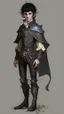 Placeholder: boy elf,he has curly, black hair and sharp cheekbones. His eyes are black. He wears fantasy medieval clothes. he is lean and tall, with pale skin, full body with boots, side view full body side body