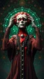 Placeholder: Imagine a surreal and intricate crack victorian woman that blends mechanical and organic elements standing trapped huge chain. The figure has multiple mind, the open head oozes red melted liquid, including a prominent stones in the center of its forehead. It is holding its head with detailed, realistic hands. The background chaotic mesmerizing array geometric shapes, glowing symbols matrix hexagonal elements otherworldlines