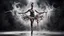 Placeholder: a bizarre surreal image where a dancer's legs there are bloody wounds on both foot and toes, her dress completely drenched in sweat, she standing on tiptoe in a perfect dance pose, around her a fade gray vortex, capturing grasping the difficulty of dance, self-sacrifice, striving for perfection the impressive pose achieved through hard work, the beauty of dance, vertical light on the dancer, blur background is a cracked wall with half darkness and half shiny light, on wall, detalied