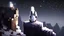 Placeholder: Minecraft Character, minecraft theme, purple starry sky, meditating, facing back, wearing gown, minecraft style, in between two cliffs, white clothes, edge to edge