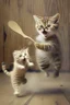 Placeholder: mother cat wearing an aprin using a wooden spoon to chase a baby cat