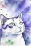 Placeholder: painting of a whole cat, in the center of the picture with space around it taking up only one third of the image, in watercolour, in the background a purple sky with stars and northern lights, splatter, art, aquarell, pastell, ink, soft, negative space, white outlines