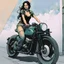 Placeholder: create a highly ethereal, darkly magical full body illustration of a dark haired girl on her motorcycle, with highly detailed and deeply cut facial features, in the style of KATHE KOLLWITZ combined with the comic art style of BILL SIENKIEWICZ and JEAN GIRAUD MOEBIUS, searing lines and forceful strokes, precisely drawn, inked, and darkly colored