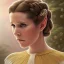 Placeholder: hyperspace background, complete and photo realistic detailed head to waist stunning photo realistic portrait of carrie fisher as Princess Leia in star wars with photo realistic updo hair by Mandy Jurgens and mucha and Richard Schmid and chuck close and chie yoshii, extraordinary and detailed ceremony dress of star wars,brown eyes