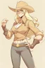 Placeholder: An anime style drawing of a buff cowgirl. she is blonde has sideburns. she is wearing chaps and a cowboy hat. she is buff and has big muscles! she is as buff as a man. she is wide