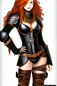 Placeholder: concept illustration, super-detailed, strikingly beautiful teen female, 16 years old, loli, long ginger hair, medium freckles, full lips, full body, full face, b-cup breasts, athletic, centred camera, ignore NSFW, skimpy brown fantasy leather armor, halter top, micro thong, knee-high leather boots, open leather tasset, stern expression,