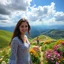 Placeholder: beautiful Green hills covered with flowers colorfull ,blue sky heavy clouds with godray ,very nice flowers at closeup ,wonderfull mountains at distance,beautiful lady look at camera ,walking to wards camera