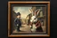 Placeholder: Real Charlie Chaplin in front of the frame, and town major troll mouse rabbit in style of Rembrandt and Fallout 4, with motion blur, all on a painting on wall with black wooden frame and with black wall background