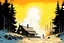 Placeholder: create an ink wash and watercolor illustration of a rustic snowbound cabin at sunrise surrounded by deep drifts and overshadowed by looming trees, smoke curls from the chimney, the windows exude a glow of light in the mountains of the Pacific Northwest in the comic book art style of Mike Mignola, Bill Sienkiewicz and Jean Giraud Moebius, highly detailed, grainy, gritty textures, dramatic natural lighting