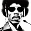 Placeholder: a realistic portrait of Jimi Hendrix at a turntable with headphones on being a DJ, vivid color, with sunglasses