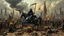 Placeholder: A chaotic cyberpunk interpretation of Bruegel's "The Triumph of Death", capturing the metaphorical harvest of humanity. A vast, dystopian metropolis under a toxic smog sky, where cybernetic grim reapers are executing a digital and physical harvest. Many of humans and transhuman citizens killed are overwhelmed by an army of cyber skeletal warrior androids, fight with humans, panicking people, bodies lying on the ground. In the foreground a cyber-death warrior in black hood on mecha-horse