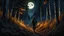 Placeholder: A decaying, gaunt, shuffling zombie walks down a long, overgrown trail in an aspen forest at night under a large, amber moon, cel-shaded, hyperrealistic, ultra-detailed digital illustration, deep, dark colors, color sketches, horror art, moody, atmospheric, claustrophobic, sharp focus, liminal spaces, illuminated.