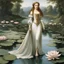 Placeholder: Ophelia, young noblewoman of Denmark, the character in William Shakespeare's drama Hamlet, she is in the outfit of Diana the huntress Greek goddess, she stands in front of a pond full of water lily flowers, her feet in sandals, Hamlet's skull in hand
