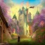 Placeholder: Epic Castle into sky, with flowers of fire. Green clouds and birds. Shy girl going out of the main gate. Detailed painting, sharp color, medieval, intricate detail, far sceen, realistic colors, medieval concept art. spring.