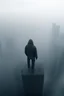 Placeholder: A hooded figure In the fog standing on city high tower building looking down below to the big crowded city buildings