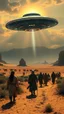 Placeholder: The pilgrims walking in the desert with caravans show a ufo mother ship hovering in the sky