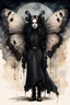 Placeholder: Jean-Baptiste Monge style 19th century hand drawn full body portrait dark gothic fantasy illustration of a walking hybrid Giant moth goth girl, with highly detailed facial features with large sad eyes, drawings, 8k, vibrant natural colors, otherworldly and fantastic, ink wash and watercolor