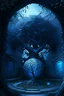 Placeholder: A frightening blue Persian sci-fi garden dungeon with a silver apple tree at its center