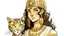 Placeholder: Illustrate a girl with a cat-like face and Cleopatra-style attire against a white background, using a Paleolithic art style.