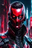 Placeholder: Retrato dibujo de contorno de Dragman con antifaz , negro y rojo con traje cyberpunk, fondo ciudad