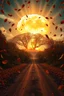 Placeholder: foreground with many falling leaves, behind is a nuclear explosion's mushroom cloud that looks more like a tree in fall, with explosion radiating outward, many leaves falling in foreground, ground is dirt and scorched with a road coming down the middle towards viewer, angelic fantastic lighting