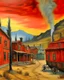 Placeholder: A red smoking western town with iron horseshoe painted by Vincent van Gogh