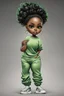 Placeholder: Create an airbrush image of a curvy chibi cartoon black female wearing a light green jogger set and black sneakers. Prominent make up with hazel eyes. Extremely highly detailed of messing curly bun