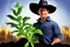 Placeholder: cowboy holding a plant growing in biochar. Biochar background