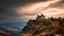 Placeholder: huge ruined castle in the distance overlooking a valley, on a cliff top, warm-toned stormy clouds