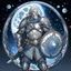 Placeholder: Please create an image for a 30-year old aasimar male with silver hair and a short, square beard and blue eyes. He is standing outside in the moonlight wearing plate armor and wielding a shield and a Thor-style hammer. His equipment is adorned in multiple places with crescent moons and stars