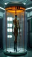 Placeholder: Sleeper in tube cabinet made of glass filled to the top with honey coloured liquid , in a laboratory inside it a half alien and a half human creature body standing vertically inside , connected with wires and electrical wires , the human standing in side, a high tech equipment in the background ,4K, cinematic, high resolution