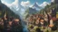 Placeholder: city center in Fairytale village on the edge of the forest, past the mountains, and beyond the river, 8k, high quality, trending art, trending on artstation, sharp focus, studio photo, intricate details, highly detailed, by greg rutkowski