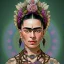 Placeholder: A beautiful portrait of Frida Kahlo, alphonse mucha, tribal tatoos, volumetric light high details, full length clean art NFT, soft pastel gradients, high definition, blender 3d cinematic, op art, visionary art, sacred geometry, fractal, lot's of details in the background