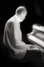 Placeholder: Hombre, pianista, tocando el piano, mirando hacia su derecha, fuertemente iluminado desde, blanco y negro vaporoso, al estilo del fotógrafo Hugo Alonso